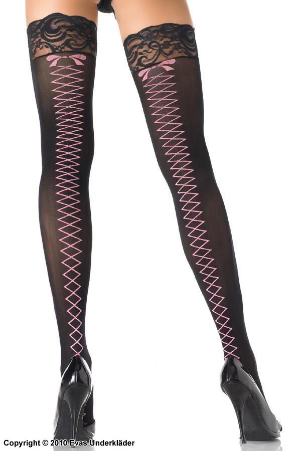 Thigh high stockings with printed lace up back